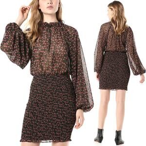 C/MEO Collective | Longevity Black Floral Sheer Smocked Long Sleeve Mini Dress